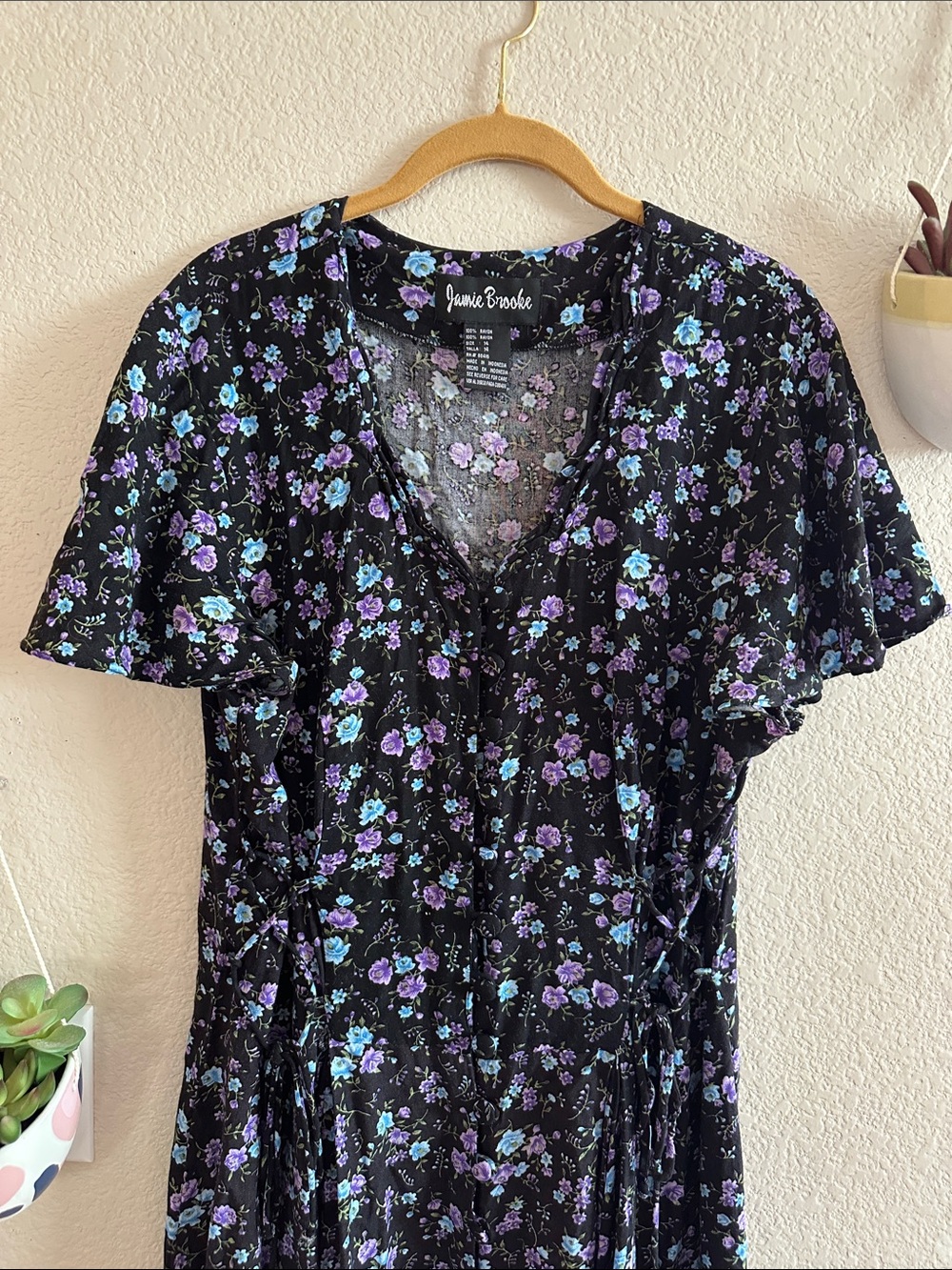 Vintage 90s Floral Flutter Sleeve Tie Waist Midi Rayon Dress 14 XL Large - Picture 2 of 8
